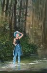  1girl :o alternate_costume arm_up armpit_peek bangs bare_arms black_shirt blue_eyes blue_hair blunt_bangs blush breasts clothes_around_waist collarbone day denim fjsmu forest grass hair_bobbles hair_ornament hand_in_pocket hand_on_own_forehead highres jeans kawashiro_nitori looking_to_the_side looking_up nature no_headwear open_mouth outdoors pants shirt shirt_around_waist sleeveless sleeveless_shirt small_breasts solo standing stream touhou twintails wading 