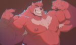  1boy animal_ears armpit_hair armpits bakemono_no_ko bara bear_boy bear_ears belly biceps claws english_commentary fangs flexing furry furry_male grin highres kumatetsu looking_at_viewer male_focus mr_nellory muscular muscular_male nipples pectorals plump red_fur signature smile topless_male upper_body 