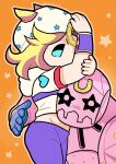  1boy 1other absurdres blonde_hair blue_eyes chibi chibi_only colored_skin commentary hat heart_ornament highres hood hood_down hoodie horseshoe_hat_ornament horseshoe_ornament hug johnny_joestar jojo_no_kimyou_na_bouken jojo_pose m_a_a_m_8 male_focus medium_hair midriff orange_background pants pink_skin purple_pants red_sleeves short_sleeves stand_(jojo) star_(symbol) star_print steel_ball_run symbol-only_commentary tusk_(stand) tusk_act4 two-tone_sleeves white_hat white_hoodie white_sleeves wristband 