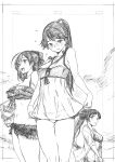  3girls :d absurdres ahoge alternate_costume bangs bare_shoulders bikini blush breasts eyebrows_visible_through_hair flying_sweatdrops frilled_bikini frills graphite_(medium) greyscale hair_ribbon highres holding houshou_(kantai_collection) irako_(kantai_collection) kantai_collection kojima_takeshi long_hair mamiya_(kantai_collection) monochrome multiple_girls navel nose_blush open_mouth ponytail ribbon smile stomach swimsuit thighs traditional_media 