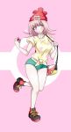  1girl absurdres bag blush breasts cosplay costume crossover danganronpa green_shorts hat highres mizuki_(pokemon) moon_(pokemon) nanami_chiaki open_mouth pink_eyes pink_hair pokemon pokemon_(game) pokemon_sm red_headwear shirt shoes short_hair short_shorts short_sleeves shorts skirt solo super_danganronpa_2 t-shirt tobyllitos 