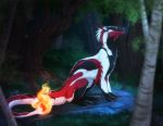  2019 black_fur detailed_background digital_media_(artwork) dragon forest fur furred_dragon night outside red_fur silvyr sitting solo tree white_fur wingless_dragon 