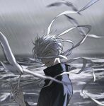  black_jacket blue_eyes gojou_satoru gugulayle hair_between_eyes highres jacket jujutsu_kaisen jujutsu_tech_uniform long_sleeves looking_at_viewer loose_bandages ocean one_eye_covered open_mouth rain short_hair smile upper_body waves wet white_hair 