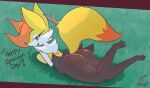 2025 3_toes anthro artist_collaboration bedroom_eyes bent_legs biped black_body black_butt black_feet black_fur black_legs braixen breast_squish breasts butt canid canine cheek_tuft chest_tuft dex0codex dialogue digital_media_(artwork) emphatic_heart english_text eyelashes facial_tuft fangs feet female fur generation_6_pokemon glistening glistening_butt half-closed_eyes heart_symbol hi_res inner_ear_fluff looking_at_viewer looking_back looking_back_at_viewer lying mammal multicolored_body narrowed_eyes nintendo nude on_front on_grass open_mouth orange_inner_ear_fluff orange_tail partial_speech_bubble pointy_nose pokemon pokemon_(species) raised_tail red_eyes seductive sheor signature smile solo squish stick stick_in_tail tail talking_to_viewer teeth text thick_thighs toes tongue tuft two_tone_tail white_arms white_body white_fur yellow_body yellow_breasts yellow_ears yellow_fur yellow_tail