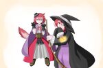  2girls alternate_costume animal_ears black_gloves black_robe blue_eyes broom brown_corset brown_shoes cape corset fox_ears fox_tail gloves halloween halloween_costume hat highres hisui_(tsukihime) holding holding_broom jack-o&#039;-lantern kohaku_(tsukihime) lantern looking_at_viewer multiple_girls puffy_sleeves purple_cape red_hair ribbon robe shoes short_hair siblings sisters sleepmagic tail tsukihime twins wide_sleeves witch witch_hat yellow_eyes 