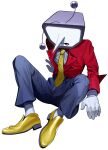  1boy absurdres ant_tenna belt belt_buckle buckle collared_shirt crt deltarune full_body gloves grey_pants highres long_nose male_focus object_head pants pointy_nose radio_antenna shirt shoes simple_background socks solo tailcoat utdr_(toby_fox) valve_core white_background white_gloves white_shirt white_socks yellow_shoes 