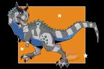  absurdres artist_logo carno_(fossil_fighters) carnotaurus claws dinosaur fossil_fighters from_side full_body highres logo no_humans open_mouth sharp_teeth snek_snack solo star_(symbol) tail teeth vivosaur 