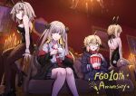  4girls alternate_costume animal_ears anniversary artoria_pendragon_(fate) black_leotard black_ribbon blonde_hair commentary_request copyright_name couch cup fake_animal_ears fake_tail fate/grand_order fate_(series) fishnet_pantyhose fishnets food glasses grey_hair hair_ribbon highres indoors jeanne_d'arc_alter_(fate) leotard long_hair marie_antoinette_(fate) marie_antoinette_alter_(fate) multiple_girls mysterious_heroine_x_alter_(fate) necktie notonaon official_alternate_costume pantyhose playboy_bunny popcorn pseudo-tokyo_school_uniform rabbit_ears rabbit_tail red_necktie red_scarf ribbon saber_alter scarf school_uniform short_hair sitting strapless strapless_leotard tail teacup twintails yellow_eyes 