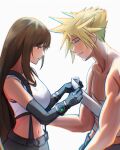  1boy 1girl absurdres bandaged_torso bandages bare_shoulders black_gloves black_hair black_skirt blonde_hair blue_eyes breasts brown_hair c4ctuous closed_mouth cloud_strife collarbone commentary crop_top elbow_gloves final_fantasy final_fantasy_vii final_fantasy_vii_remake from_side gloves highres holding_bandages long_hair looking_at_another materia medium_breasts midriff navel parted_lips profile red_eyes short_hair skirt spiked_hair suspender_skirt suspenders tank_top tifa_lockhart topless_male white_background white_tank_top 