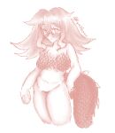  1girl blush breasts cropped_legs dinosaur_tail hair_between_eyes large_breasts lizard_tail long_hair looking_at_viewer lowres lynchboxu monochrome navel nude original pixel_art plump pubic_hair reptile_girl scales simple_background tail white_background 