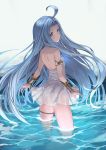  1girl ahoge armlet ass back bare_shoulders blue_eyes blue_hair blush bracer closed_mouth dress granblue_fantasy long_hair looking_at_viewer looking_back lyria_(granblue_fantasy) rubellent see-through shoulder_blades smile solo standing thighlet very_long_hair wading water white_dress 