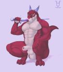  2019 abs anthro balls biceps bodily_fluids cum digital_media_(artwork) dragon erection genital_fluids horn humanoid_penis male melee_weapon muscular muscular_male nude penis simple_background solo sword teeth tintiai weapon 