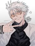  1boy blue_eyes commentary_request english_text glasses gojou_satoru highres jacket jujutsu_kaisen male_focus nashizato_(99) round_eyewear short_hair smile solo teeth twitter_username upper_body v white_hair white_jacket 