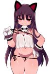  1girl animal_ears bangs bare_shoulders black_bra black_panties blush_stickers bra brown_hair camisole closed_mouth commentary_request eyebrows_visible_through_hair gloves groin hair_between_eyes half-closed_eyes hand_on_hip highres long_hair navel original panties partially_visible_vulva purple_eyes side-tie_panties simple_background skull smile solo underwear very_long_hair white_background white_camisole white_gloves zankuro 