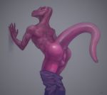  2016 anthro anus back_muscles balls bottomwear butt claws clothing hi_res klongi lizard looking_at_viewer male nude pants pink_scales pink_skin reptile scales scalie simple_background solo 