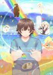  1boy animalization aoi_yuito aqua_ribbon bear bird blue_neckwear blue_shirt blue_sky blurry blurry_background brown_eyes brown_hair bunny camera cat cloud dog drawing_tablet fish food fruit fukazawa_chigusa glasses irozuku_sekai_no_ashita_kara kawai_kurumi kazano_asagi luminosowatson male_focus mountainous_horizon necktie open_mouth penguin rainbow red_neckwear ribbon shirt sitting sky smile stylus tsukishiro_hitomi tsukishiro_kohaku water yamabuki_shou 