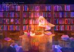  book book_stack bookshelf cat desk ghost highres library no_mouth original sleeping star_(sky) starry_skin starry_sky_background surreal too_many too_many_books wakusei_habuti wide_shot 