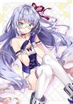  1girl azur_lane blue_hair breasts cleavage collarbone commentary_request curly_hair glasses gloves green_eyes hair_ornament l&#039;opiniatre_(azur_lane) long_hair looking_at_viewer riichu side_ponytail small_breasts solo thighhighs wand white_legwear 