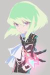  1boy black_gloves black_jacket cravat gloves green_hair half_gloves jacket light_oooo lio_fotia looking_at_viewer male_focus outstretched_hand promare purple_eyes solo 