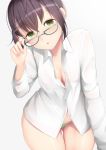  1girl blue-framed_eyewear blush breasts brown_hair dress_shirt eyebrows_visible_through_hair glasses green_eyes green_panties hair_between_eyes kantai_collection multicolored_hair naked_shirt ne_an_ito no_bra okinami_(kantai_collection) open_mouth panties pink_hair shirt short_hair simple_background small_breasts solo underwear white_background 