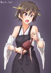  ahoge anti_(untea9) apron bare_shoulders brown_hair detached_sleeves hairband headgear hiei_(kantai_collection) highres japanese_clothes kantai_collection long_hair octopus open_mouth short_hair sweat tentacles twitter_username 