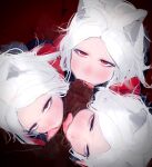  1boy 3girls artist_request bluesmilebird cerberus_(helltaker) cooperative_fellatio fellatio helltaker highres licking licking_penis multiple_girls non-web_source oral penis red_eyes teamwork_(sexual) white_hair 