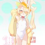  1girl animal_ear_fluff animal_ears arm_behind_head arm_up armpits ass_visible_through_thighs blonde_hair blue_archive blush breasts casual_one-piece_swimsuit choker collarbone covered_navel cowboy_shot extra_ears flat_chest fox_ears fox_girl fox_tail gradient_background grey_background groin hair_over_one_eye halo highleg highleg_one-piece_swimsuit highres jacket long_hair long_sleeves looking_at_viewer mayafufu off_shoulder official_alternate_costume official_alternate_hairstyle one-piece_swimsuit open_clothes open_jacket open_mouth parted_lips pink-tinted_eyewear red_choker red_eyes seia_(blue_archive) seia_(swimsuit)_(blue_archive) side_ponytail sidelocks simple_background small_breasts solo sunglasses swimsuit tail thigh_gap tinted_eyewear twintails visor_cap white_background white_one-piece_swimsuit yellow-tinted_eyewear yellow_halo yellow_jacket 