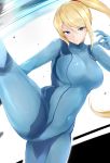  1girl absurdres blonde_hair blue_bodysuit blue_eyes bodysuit breasts covered_navel curvy eyebrows_visible_through_hair highres kicking large_breasts leg_lift long_hair maruya1006 metroid mole mole_under_mouth ponytail samus_aran simple_background skin_tight solo standing standing_on_one_leg white_background zero_suit 
