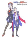  2girls absurdres alternate_hairstyle artist_request belt beret blue_eyes boots cosplay costume_switch elbow_sleeve fingerless_gloves girls_frontline gloves hat height_difference high_heels highres knee_pads mg5_(girls_frontline) mp5_(girls_frontline) multiple_girls necktie pouch purple_eyes purple_hair silver_hair skirt sleeveless translation_request 