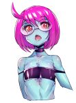  2019 banikagayaku blue_skin bodily_fluids bust_portrait choker clothed clothing color_edit colored cteno edit eyewear female flat_chested glasses hair hi_res humanoid jewelry monster monster_girl_(genre) necklace pink_hair portrait red_eyes simple_background skimpy slugbox solo sweat white_background yellow_pupils yellow_sclera 
