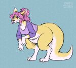 2024 anthro bottomless bottomless_anthro breasts clothed clothing digital_media_(artwork) female fur green_background hair hi_res kangaroo macropod mammal marsupial pink_hair ponytail pouch_(anatomy) purple_clothing purple_eyes purple_shirt purple_topwear shirt simple_background smile soleil_(keffotin) solo standing taffywabbit tail topwear trans_(lore) trans_woman_(lore) yellow_body yellow_fur