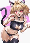  1girl absurdres animal_ears arcueid_brunestud bare_shoulders black_bra black_panties blonde_hair blush bra breasts cat_cutout cat_ears cat_tail cleavage clothing_cutout fukou highres large_breasts looking_at_viewer navel open_mouth panties red_eyes short_hair smile solo tail tsukihime underwear 
