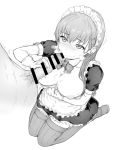  1boy 1girl alternate_costume bar_censor breasts censored enmaided fellatio gloves greyscale hetero kantai_collection large_breasts long_hair maid maid_headdress male_pubic_hair monochrome nipples oonaka_ito oral penis pubic_hair sitting suzuya_(kantai_collection) thighhighs wariza zettai_ryouiki 