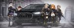  404_(girls_frontline) 5girls absurdres assault_rifle asymmetrical_legwear audi audi_quattro baek_hyang beret boots brown_hair car city g11_(girls_frontline) girls_frontline grey_hair ground_vehicle gun h&amp;k_g11 h&amp;k_hk416 hat highres hk416_(girls_frontline) mod3_(girls_frontline) motor_vehicle multiple_girls pantyhose rifle scar scar_across_eye shoes siblings signature silver_hair sisters skirt sneakers snow snowing thighhighs twins twintails ump40_(girls_frontline) ump45_(girls_frontline) ump9_(girls_frontline) weapon 