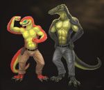  2016 abs absurd_res anthro belt biceps blue_eyes bottomwear brev claws clothed clothing countershading crocodile crocodilian crocodylid duo fangs flexing front_view full-length_portrait green_eyes hand_on_hip heljek hi_res klongi lizard looking_at_viewer male muscular muscular_male pants pecs portrait reptile scales scalie smile snake standing toe_claws topless unimpressed 