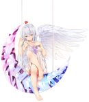  1girl agnamore bangs bare_arms bare_shoulders barefoot bow breasts commentary_request crescent dress eyebrows_visible_through_hair feathered_wings full_body gradient grey_wings hair_between_eyes half-closed_eyes hands_up head_wings heart knee_up korean_commentary long_hair original purple_bow purple_eyes silver_hair simple_background single_wing sitting sleeveless sleeveless_dress small_breasts solo toenails very_long_hair white_background white_dress wings 
