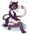  2017 alpha_channel annoyed anthro barefoot bell black_hair blue_eyes breasts butt camel_toe chinese_clothing chinese_dress clothing domestic_cat dress felid feline felis female hair kdhynamo lihua_(professorbic) lipstick looking_at_viewer makeup mammal pawpads simple_background sitting solo tail_bell underwear whiskers 