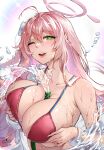  1girl absurdres ahoge bikini blue_archive blush breasts green_eyes halo hanako_(blue_archive) hanako_(swimsuit)_(blue_archive) highres large_breasts long_hair one_eye_closed open_mouth pink_bikini pink_hair pink_halo pumiss smile solo swimsuit white_background 