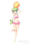  1girl absurdres armpits arms_up ball bangs bare_legs barefoot beachball bikini breasts choker cleavage collarbone eyebrows_visible_through_hair full_body green_hair hair_ornament hairclip highres holding jewelry leg_up looking_at_viewer medium_breasts nagayama_yuunon navel necklace official_art page_number pink_bikini polka_dot purple_eyes scan scrunchie short_hair simple_background smile solo standing standing_on_one_leg stomach summer_pockets swimsuit thigh_strap toes water_gun white_background wrist_scrunchie 