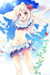  1girl arms_up bare_arms bare_shoulders bikini blonde_hair blue_bikini blue_sky breasts cloud cloudy_sky collarbone commentary_request day fate/kaleid_liner_prisma_illya fate_(series) floating_hair flower frilled_bikini frills hair_flower hair_ornament highres holding holding_towel illyasviel_von_einzbern long_hair navel outdoors petals red_flower sky small_breasts solo swimsuit towel translation_request very_long_hair youta 