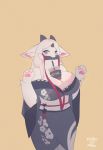  2019 4_fingers anthro between_breasts big_breasts bit_gag blush breasts cleavage clothed clothing cup digital_media_(artwork) dragon electrycpynk female fur furred_dragon gag gagged grey_eyes hair hi_res horn inner_ear_fluff japanese_clothing kimono looking_at_viewer neck_tuft pawpads reins signature simple_background solo standing tuft white_fur white_hair 