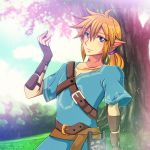  1boy absurdres belt blonde_hair blue_eyes blue_sky bracer cloud day earrings fingerless_gloves gloves grass highres huge_filesize jewelry link long_hair looking_at_viewer male_focus no_(yuki) outdoors pointy_ears ponytail sheikah_slate sky solo standing the_legend_of_zelda the_legend_of_zelda:_breath_of_the_wild tree tunic 