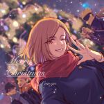  1girl 3boys black_hair black_jacket blindfold breasts brown_eyes brown_hair christmas_tree closed_eyes covered_eyes facial_mark fushiguro_megumi gojou_satoru grey_scarf grin gugulayle hair_between_eyes highres holding holding_phone itadori_yuuji jacket jujutsu_kaisen jujutsu_tech_uniform kugisaki_nobara laughing medium_breasts medium_hair merry_christmas multiple_boys one_eye_closed open_mouth parted_bangs phone pink_hair red_scarf scarf short_hair smile snow spiked_hair taking_picture teeth upper_body white_hair 