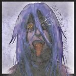  1boy blue_eyes blue_hair colored_skin grey_skin hair_between_eyes hatinozidannsu heterochromia highres jujutsu_kaisen mahito_(jujutsu_kaisen) male_focus medium_hair messy_hair portrait sketch solo stitched_face stitched_neck stitches tongue tongue_out yellow_eyes 