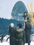  1boy 4girls adler_(signalis) ariane_yeong coat elster_(signalis) highres leng_(signalis) multiple_girls mynah_(signalis) outdoors parabolic_antenna rcwar1 signalis sky snow snowball snowball_fight tree white_sky winter winter_clothes winter_coat 