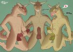 2025 abelisaurid anthro artist_name balls biped bodily_fluids brown_body brown_eyes carnotaurus claws clenched_teeth colored dialogue dinosaur dripping english_text erection finger_claws fingers front_view genital_fluids genitals glans green_body green_eyes group heart_symbol hi_res holding_penis horn humanoid_genitalia humanoid_hands humanoid_penis kneeling looking_at_viewer male male/male mr.carno navel non-mammal_balls non-mammal_navel nude_anthro nude_male orange_eyes pecs penis precum precum_drip prehistoric_species presenting presenting_penis reptile saurischian scalie smile smirk smug speech_bubble spiked_tail spikes spikes_(anatomy) tail talking_to_viewer tan_body teeth text theropod tongue tongue_out trio