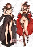  1girl absurdres ahoge alternate_costume armpits arms_up bangs bare_shoulders barefoot black_gloves blunt_bangs blush boots breasts brown_hair brown_legwear cleavage dakimakura dated dress dsr-50_(girls_frontline) earrings elbow_gloves evening_gown eyebrows_visible_through_hair girls_frontline gloves groin hair_ornament highres jai_(whany1998) jewelry large_breasts long_hair looking_at_viewer multiple_views navel neck_ring open_mouth red_eyes shoes sidelocks single_boot single_elbow_glove single_thighhigh smile stomach suggestive_fluid thighhighs thighs torn_clothes very_long_hair 