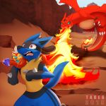  1:1 angry charizard digital_media_(artwork) fan_character fire flying gem happy hi_res lucario lutrine mammal mustelid nintendo pok&eacute;mon pok&eacute;mon_(species) running scared takeo_(artist) video_games 