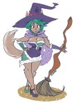  animal_humanoid anthro breasts broom canid canid_humanoid canine canine_humanoid cape chest_tuft cleavage clothed clothing cute_fangs female footwear grass green_hair hair hand_on_hip hat headgear headwear hi_res high_heels humanoid kdhynamo looking_at_viewer magic_user mammal mammal_humanoid red_eyes shoes simple_background smile solo standing taliyah_(kdhynamo) tuft white_background witch witch_hat wolf_humanoid 
