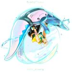  1boy artist_name black_pants guzma_(pokemon) harness highres male_focus mantine mario_(2669431) pants pokemon pokemon_(creature) riding riding_pokemon short_hair smile tattoo upside-down vest water white_hair yellow_vest 